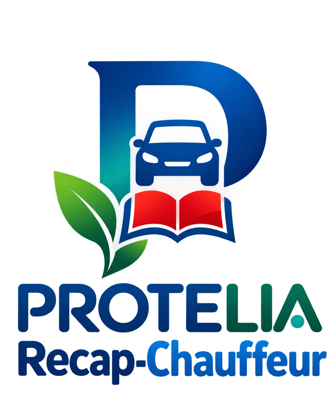 Logo Recap-Chauffeur : grand P, voiture bleue et livre rouge